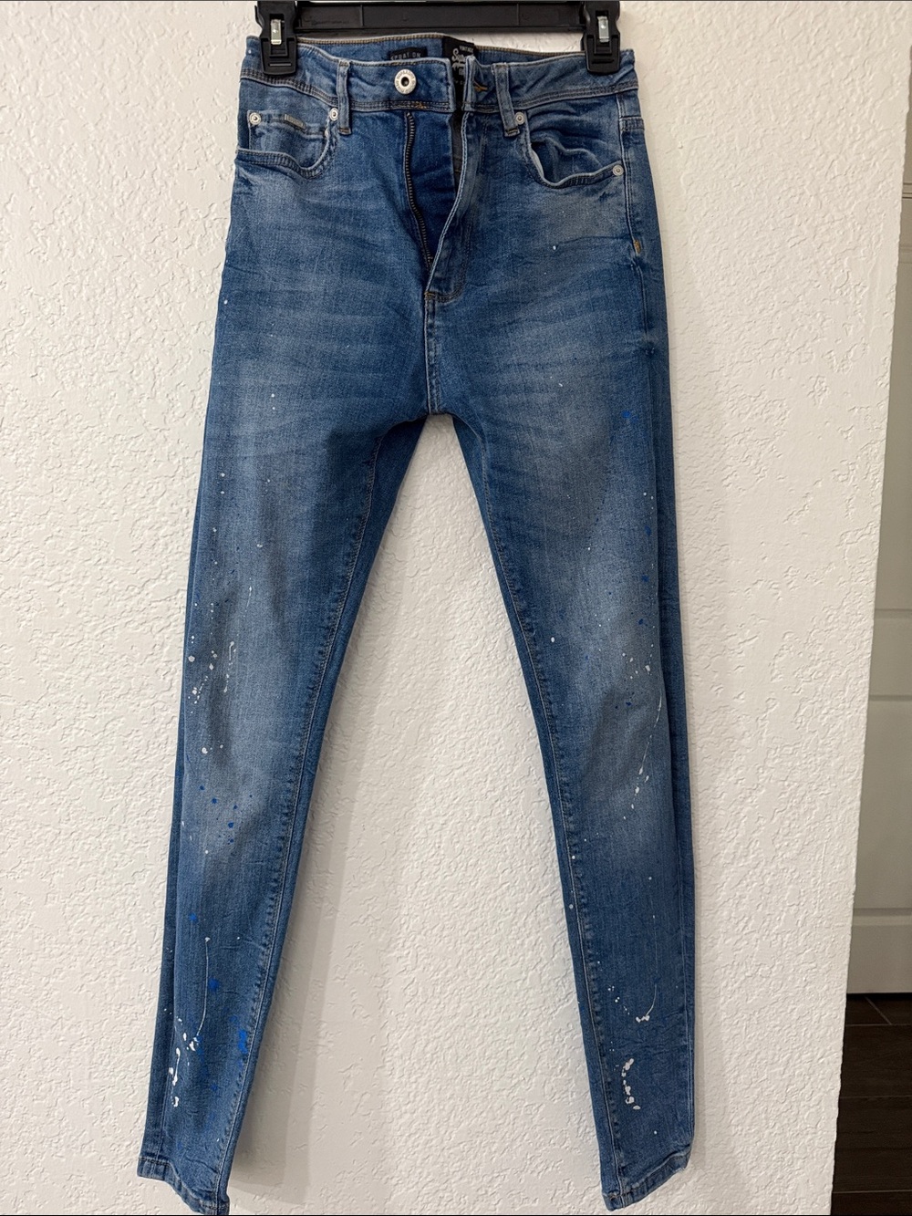 Superdry Men’s Skinny Jeans in Blue with White Paint Splatter